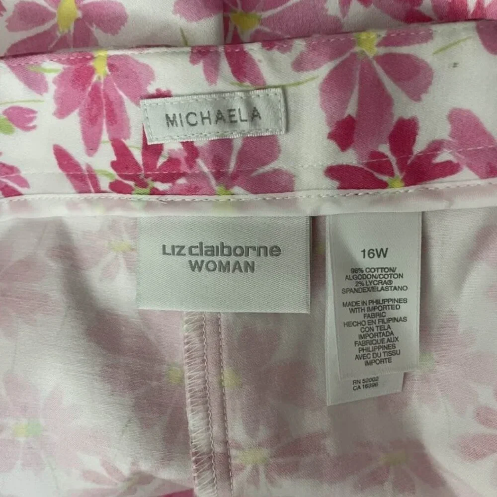Liz Claiborne Woman Michaela Floral Ankle Pants 16W Pink Stretch Cotton Career - Picture 10 of 14